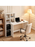 Homeoffice Schreibtisch 110 x 50 cm in Weiss mit Bucherregal Stoffschubladen und grosszugiger Arbeitsflache