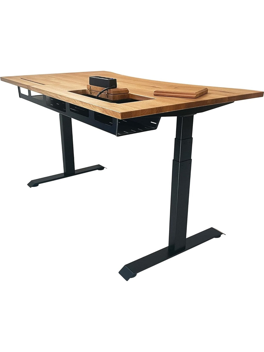 Hohenverstellbarer Schreibtisch aus Massivholz 150 x 80 cm mit integriertem Kabelmanagement in Eiche und Schwarz