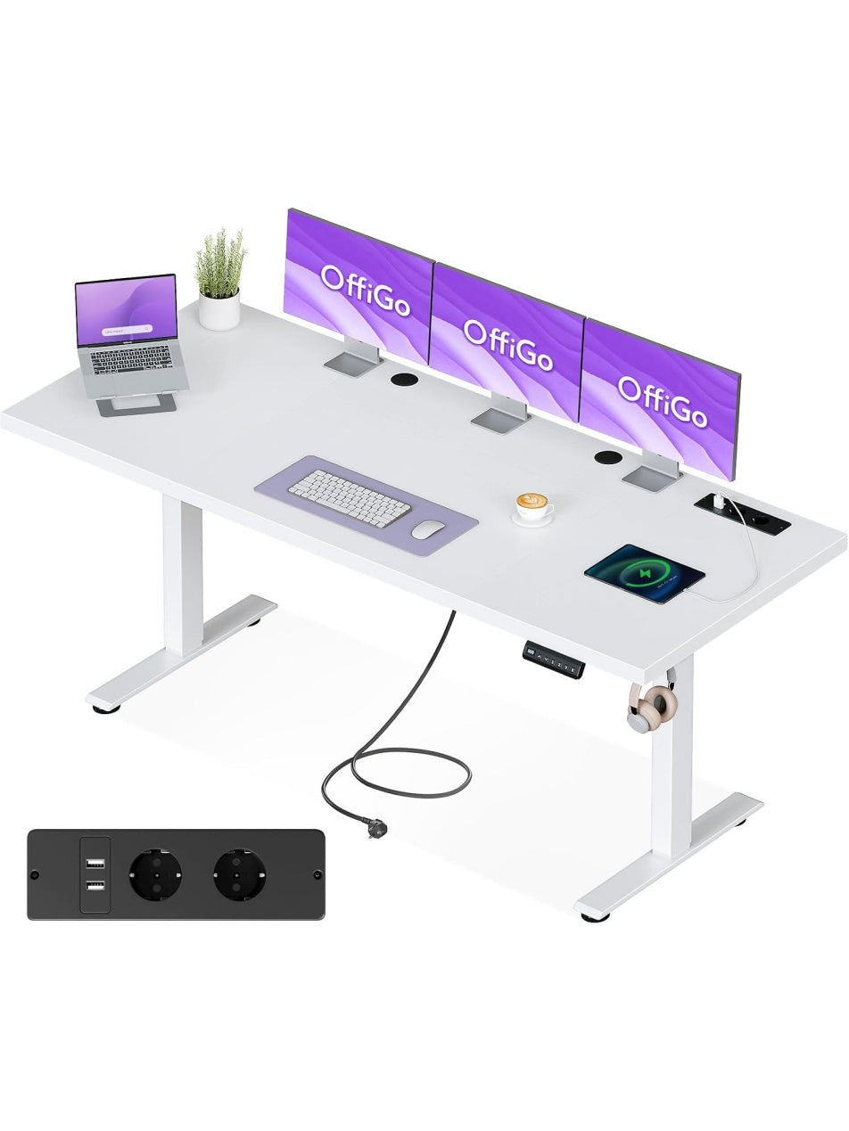 Elektrisch hohenverstellbarer Schreibtisch 180 x 70 cm mit integrierter Steckdose und stabiler Arbeitsplatte in Weiss