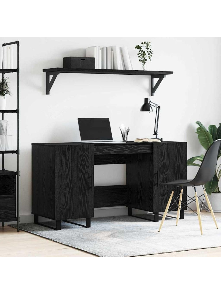Industrie Schreibtisch 140 x 50 x 75 cm in Schwarzeiche mit Turen Regalen und integriertem Stauraum