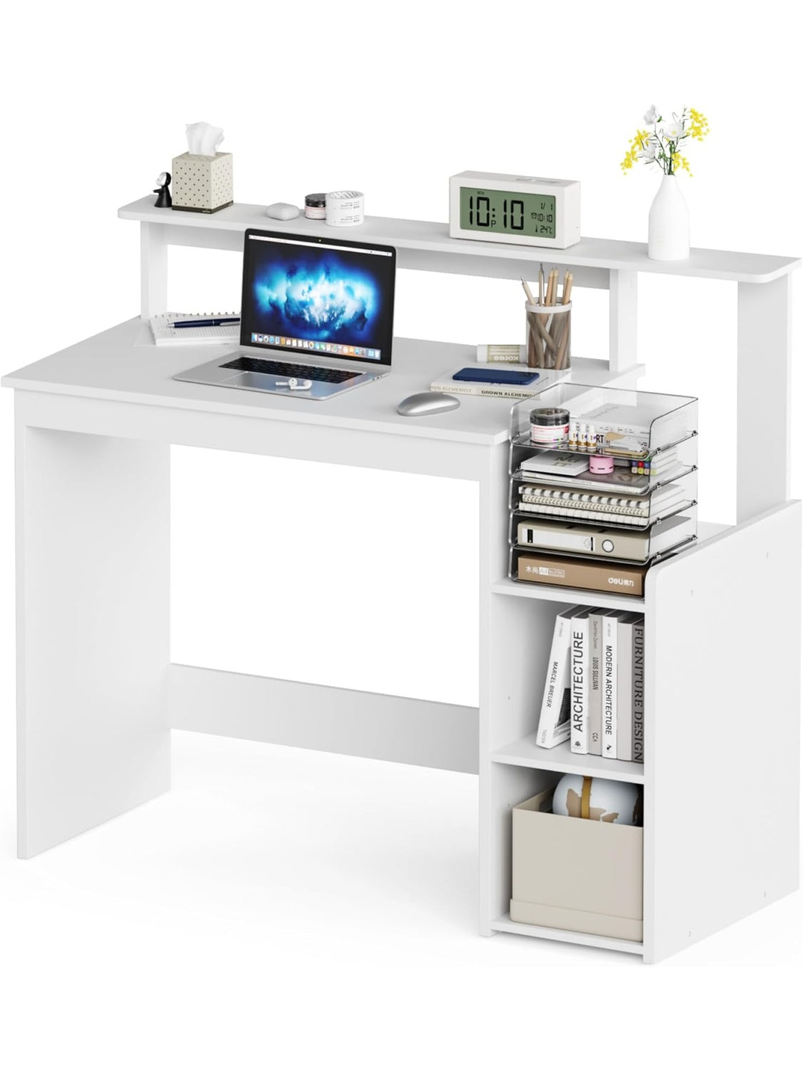Kompakter Schreibtisch 110 x 48 x 93 cm mit verstellbarem Regal und Monitorstander in Weiss
