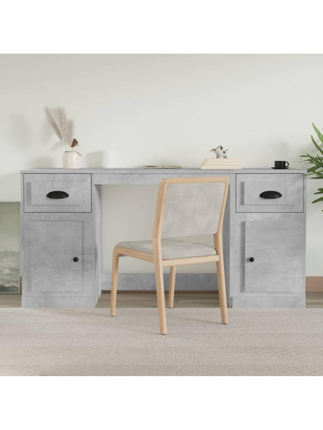 Arbeitsplatz mit Schrank aus Holzwerkstoff in Betongrau fur Buro Homeoffice und Schlafzimmer