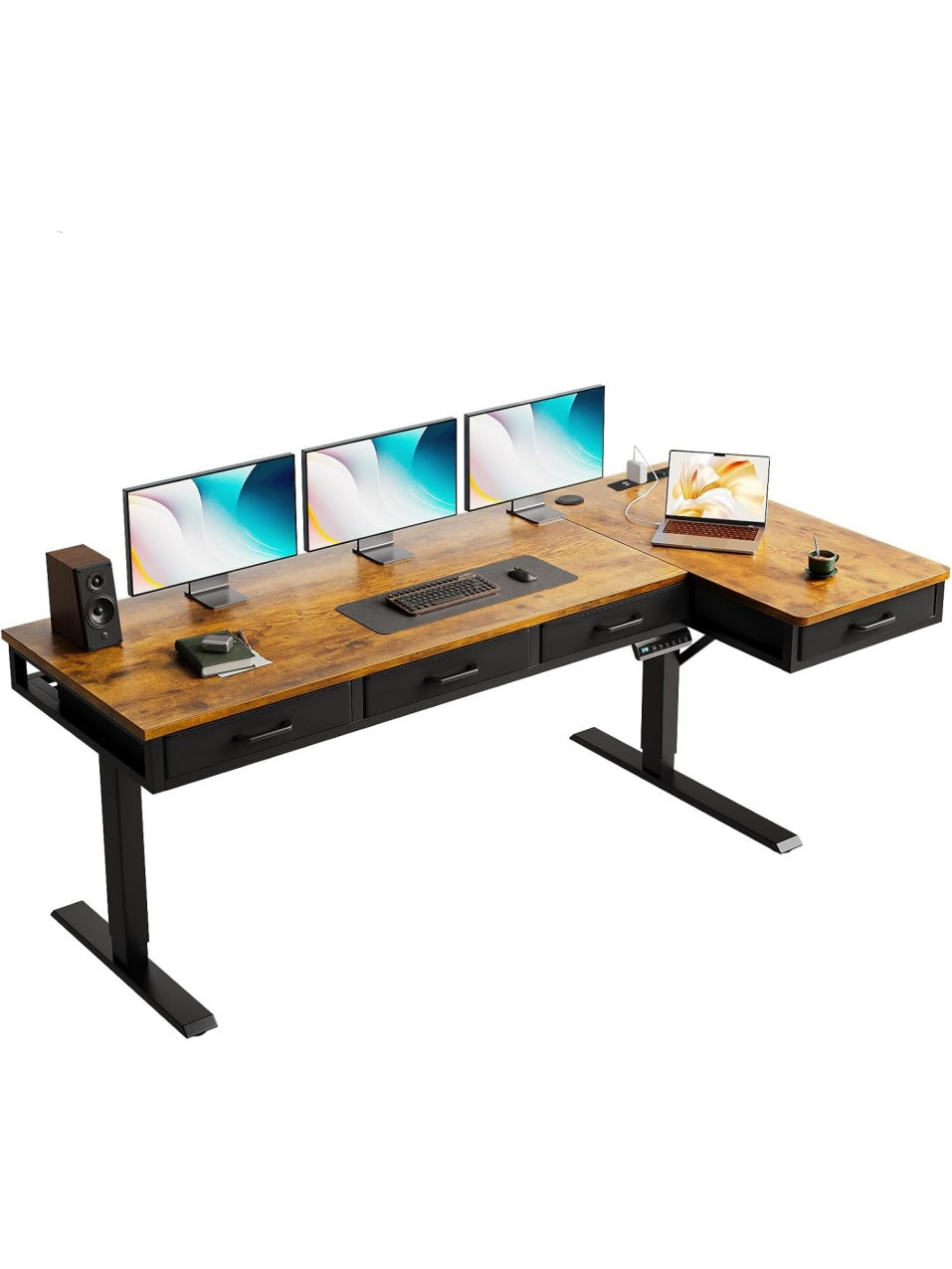 Hohenverstellbarer Eckschreibtisch 160 x 80 cm mit vier Schubladen in Braun